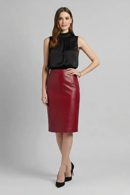 Kırmızı Kadın Kalem Hakiki Deri Etek-KIRMIZI - 1