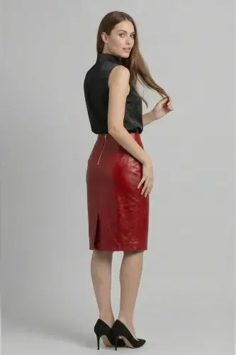 Kırmızı Kadın Kalem Hakiki Deri Etek-KIRMIZI - DERIDERIM (1)