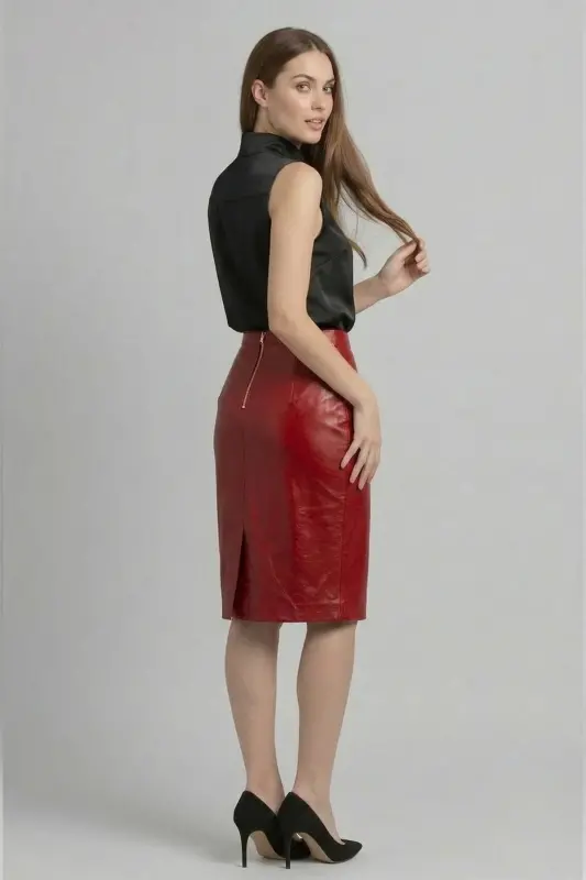 Kırmızı Kadın Kalem Hakiki Deri Etek-KIRMIZI - 2