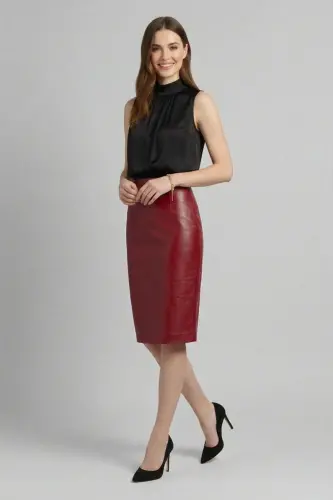 Kırmızı Kadın Kalem Hakiki Deri Etek-KIRMIZI - 3