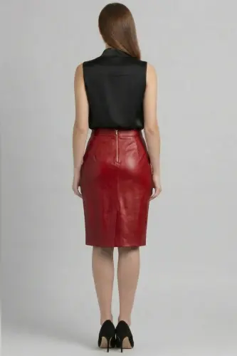 Kırmızı Kadın Kalem Hakiki Deri Etek-KIRMIZI - 4