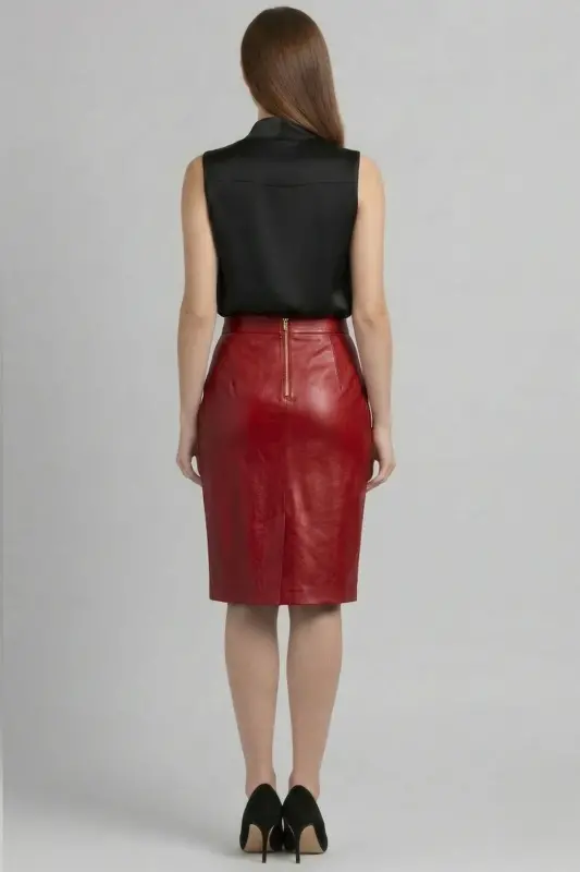 Kırmızı Kadın Kalem Hakiki Deri Etek-KIRMIZI - 4