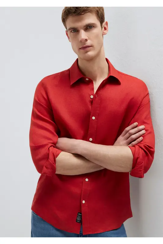 Kırmızı Keten Gömlek Slim Fit / Dar Kesim 0211466-70454 - Kırmızı - 1