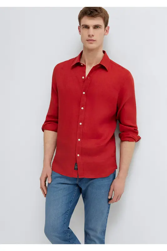 Kırmızı Keten Gömlek Slim Fit / Dar Kesim 0211466-70454 - Kırmızı - 2