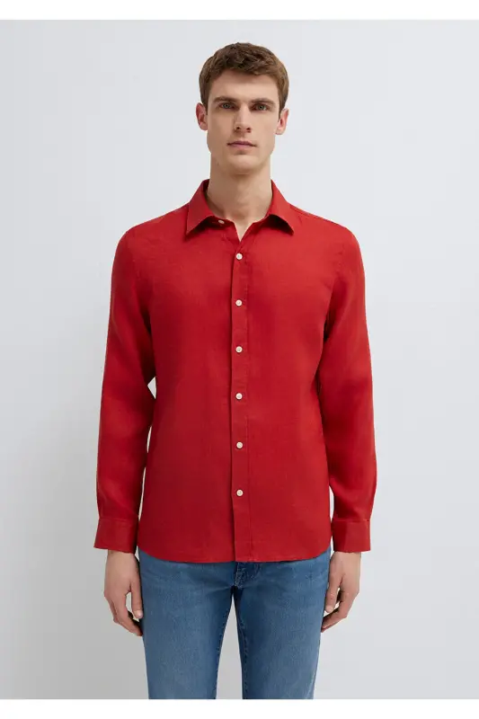 Kırmızı Keten Gömlek Slim Fit / Dar Kesim 0211466-70454 - Kırmızı - 3