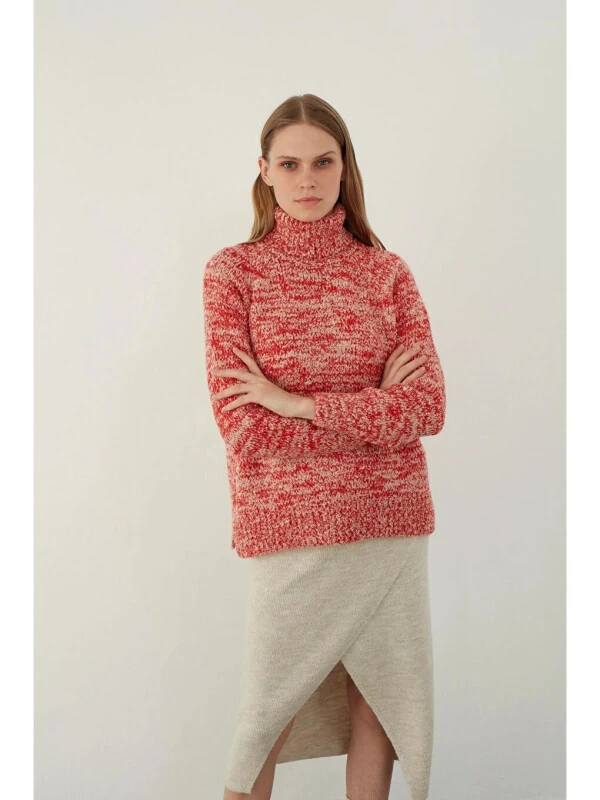 Kırmızı Kırçıllı Dokulu Balıkçı Yaka Basic Triko Kazak-Kırmızı - Modazone