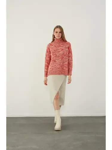 Kırmızı Kırçıllı Dokulu Balıkçı Yaka Basic Triko Kazak-Kırmızı - Modazone (1)