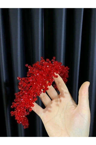 Kırmızı Krıistal Boncuklu Gelin Düğün Kına Nişan Tacı - Modazone