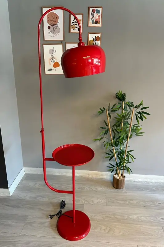 Kırmızı Lambader Hareketli Başlık Sehpalı Modern Dekoratif Metal Oturma Odası Çalışma Odası Lambası-Kırmızı - 4