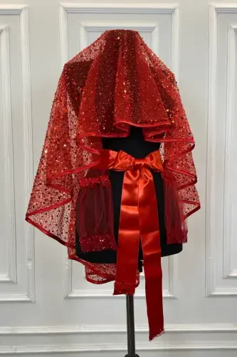 Kırmızı Otantik Vip Gelin Duvak Seti, Komple Pul Boncuk İncili Işıl Işıl Kına Duvağı Seti 6 Parça-Kırmızı - 1