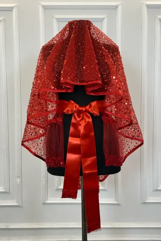 Kırmızı Otantik Vip Gelin Duvak Seti, Komple Pul Boncuk İncili Işıl Işıl Kına Duvağı Seti 6 Parça-Kırmızı - 2