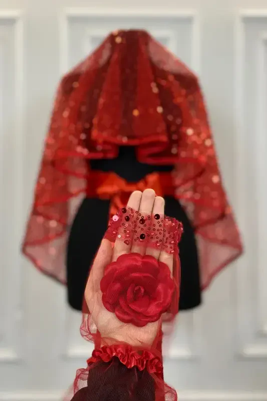 Kırmızı Otantik Vip Gelin Duvak Seti, Komple Pul Boncuk İncili Işıl Işıl Kına Duvağı Seti 6 Parça-Kırmızı - 4