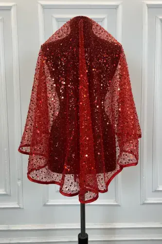 Kırmızı Otantik Vip Gelin Duvak Seti, Komple Pul Boncuk İncili Işıl Işıl Kına Duvağı Seti 6 Parça-Kırmızı - 5