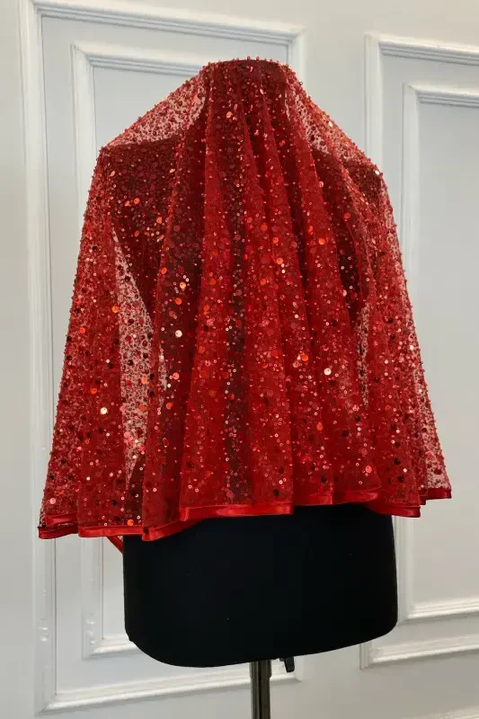 Kırmızı Otantik Vip Gelin Duvak Seti, Komple Pul Boncuk İncili Işıl Işıl Kına Duvağı Seti 6 Parça-Kırmızı - 6