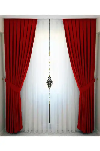 Kırmızı Pileli Kadifemsi Fon Perde Yüksek Kalite Tek Kanat-Kırmızı - 1