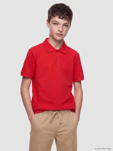 Kırmızı Polo Yaka Erkek Çocuk Pike Tişört-K - 4