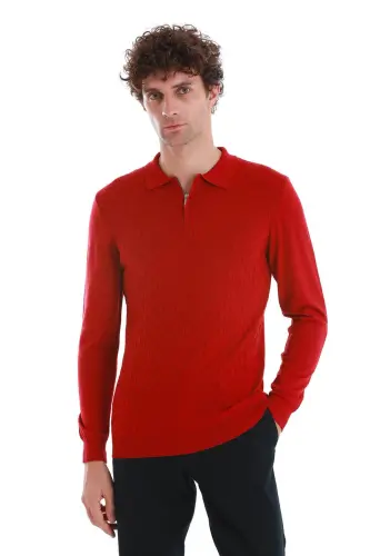 Kırmızı Regular Fit Jakarlı Polo Yaka Yünlü Triko Kazak - Kırmızı - 1