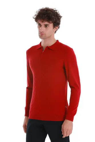 Kırmızı Regular Fit Jakarlı Polo Yaka Yünlü Triko Kazak - Kırmızı - 4