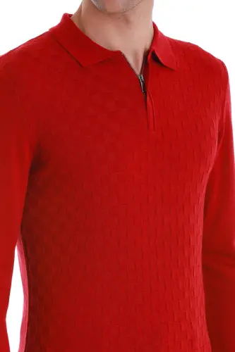 Kırmızı Regular Fit Jakarlı Polo Yaka Yünlü Triko Kazak - Kırmızı - 5