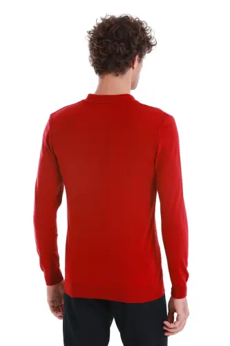 Kırmızı Regular Fit Jakarlı Polo Yaka Yünlü Triko Kazak - Kırmızı - 6