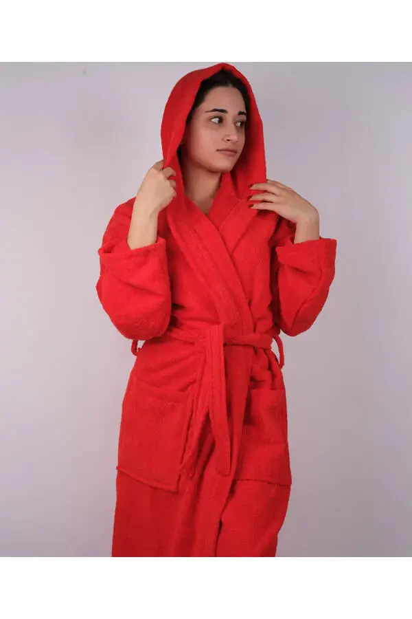 Kırmızı Renkli %100 Pamuk Bukle Kapüşonlu Model Bornoz S-M-L-XL-2XL-3XL-4XL Büyük Beden-Kırmızı - 2
