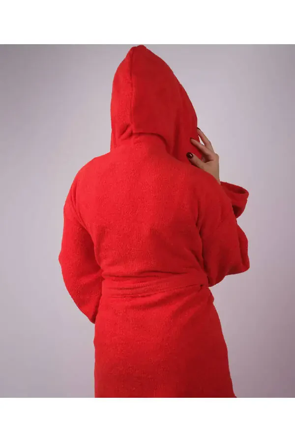 Kırmızı Renkli %100 Pamuk Bukle Kapüşonlu Model Bornoz S-M-L-XL-2XL-3XL-4XL Büyük Beden-Kırmızı - 3