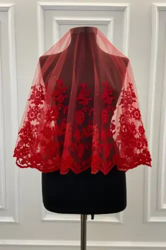 Kırmızı Sarmaşık Desen Flok Baskı Simli Gelin Duvak Kuşak Eldiven Set-FLOKSARMAŞIKKIRMIZI - 2