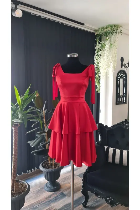 Kırmızı Saten Kare Yaka ,kolsuz,omuzları Fiyonklu Mezuniyet Elbisesi-kırmızı - 3
