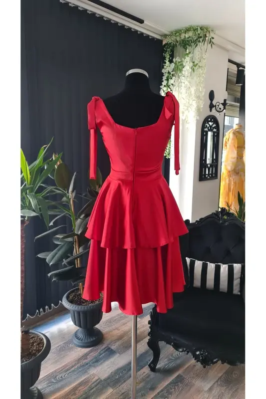 Kırmızı Saten Kare Yaka ,kolsuz,omuzları Fiyonklu Mezuniyet Elbisesi-kırmızı - 4