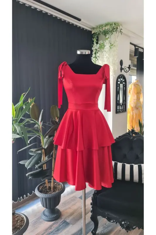 Kırmızı Saten Kare Yaka ,kolsuz,omuzları Fiyonklu Mezuniyet Elbisesi-kırmızı - 5