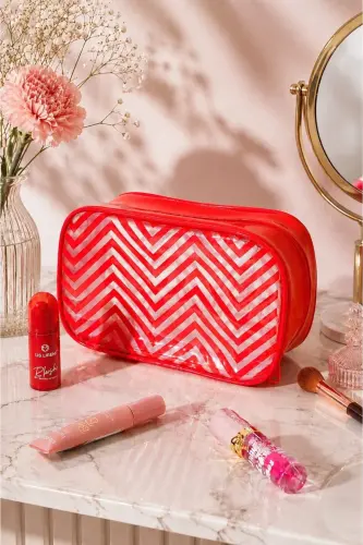 Kırmızı Şeffaf Zigzag Desenli Makyaj Çantası – Kozmetik ve Kişisel Bakım Organizeri - Kırmızı Zigzag - 5