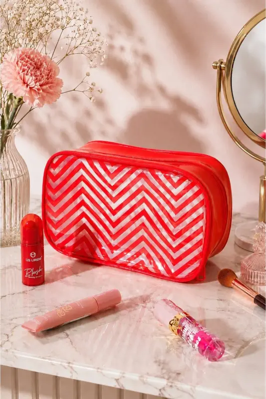 Kırmızı Şeffaf Zigzag Desenli Makyaj Çantası – Kozmetik ve Kişisel Bakım Organizeri - Kırmızı Zigzag - 5