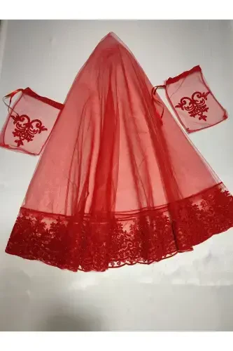 Kırmızı Simli Gelin Ve Kumaş Damat Kına Örtüsü Eldiveni Ve Kemeri Ile Kına Özel Duvak Seti-Yeşil - 2