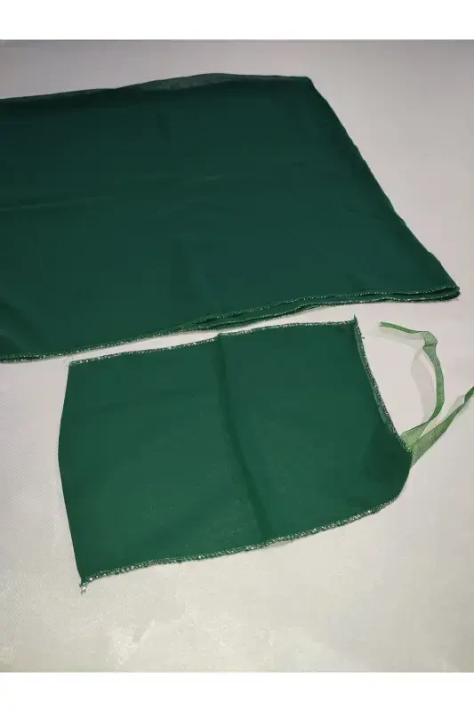 Kırmızı Simli Gelin Ve Kumaş Damat Kına Örtüsü Eldiveni Ve Kemeri Ile Kına Özel Duvak Seti-Yeşil - 5