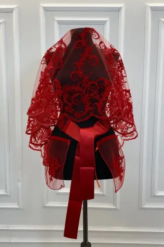 Kırmızı Simli Uzun Desenli Gelin Duvak Seti, Kına Duvağı-FLOKUZUNKIRMIZI - 1