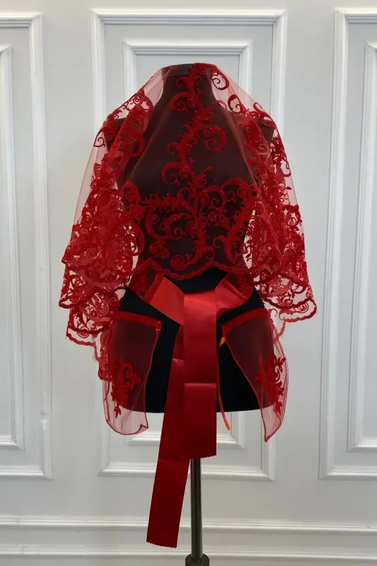 Kırmızı Simli Uzun Desenli Gelin Duvak Seti, Kına Duvağı-FLOKUZUNKIRMIZI - ZEYMERADE