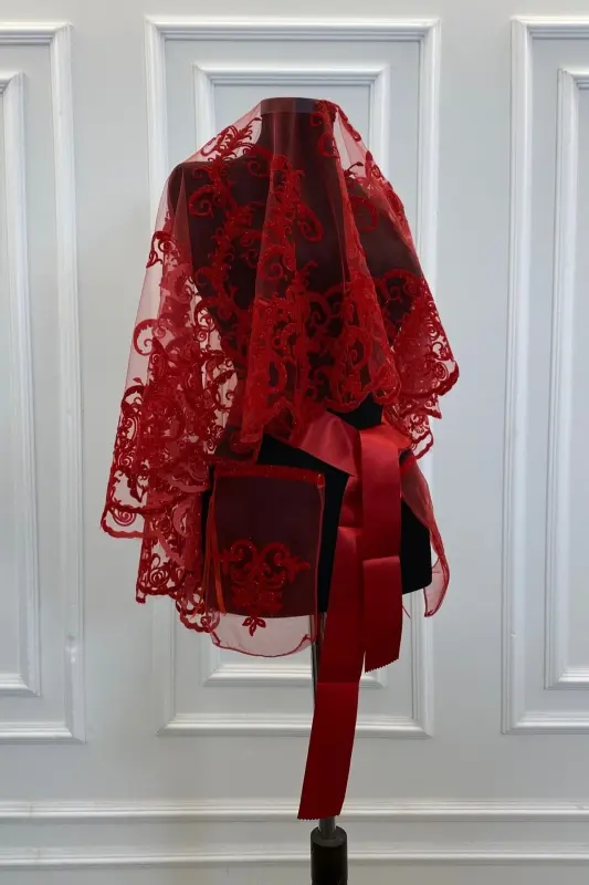 Kırmızı Simli Uzun Desenli Gelin Duvak Seti, Kına Duvağı-FLOKUZUNKIRMIZI - 3