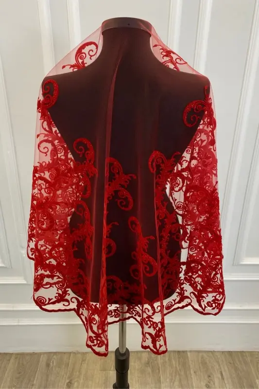 Kırmızı Simli Uzun Desenli Gelin Duvak Seti, Kına Duvağı-FLOKUZUNKIRMIZI - 5