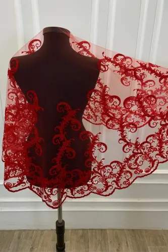 Kırmızı Simli Uzun Desenli Gelin Duvak Seti, Kına Duvağı-FLOKUZUNKIRMIZI - 6