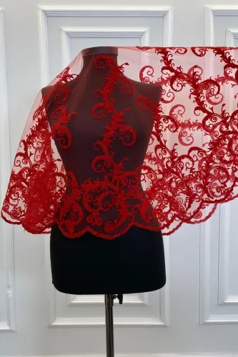 Kırmızı Simli Uzun Desenli Gelin Duvak Seti, Kına Duvağı-FLOKUZUNKIRMIZI - 4