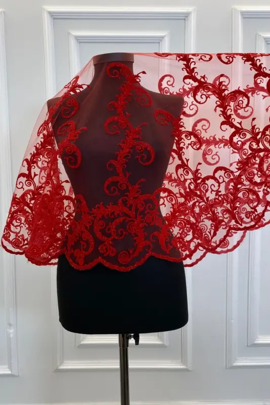 Kırmızı Simli Uzun Desenli Gelin Duvak Seti, Kına Duvağı-FLOKUZUNKIRMIZI - 4