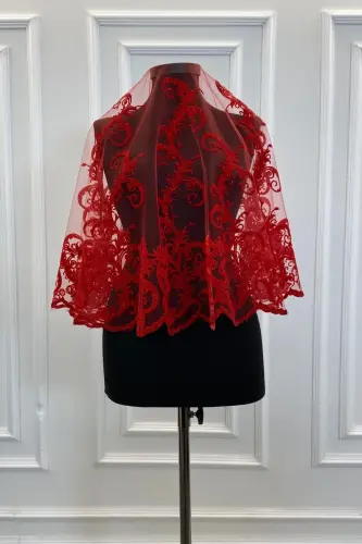 Kırmızı Simli Uzun Desenli Gelin Duvak Seti, Kına Duvağı-FLOKUZUNKIRMIZI - ZEYMERADE (1)