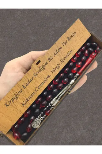 Kırmızı Siyah Hareli Ahşap Kutulu Tesbih-kırmızı siyah 