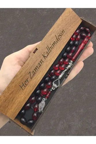 Kırmızı Siyah Hareli Ahşap Kutulu Tesbih - kırmızı siyah-3 