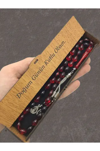 Kırmızı Siyah Hareli Ahşap Kutulu Tesbih-kırmızı siyah 