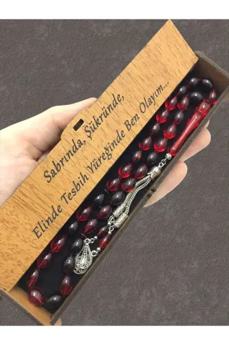 Kırmızı Siyah Hareli Ahşap Kutulu Tesbih-kırmızı siyah 