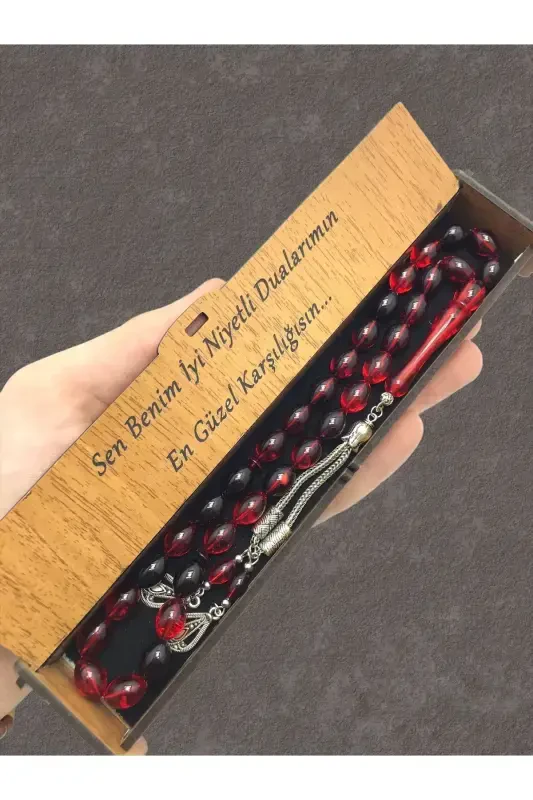Kırmızı Siyah Hareli Ahşap Kutulu Tesbih-kırmızı siyah - 1