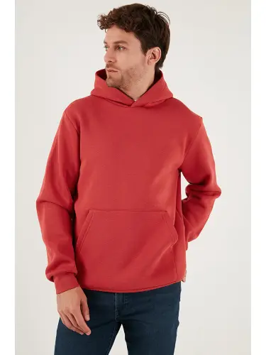 Kırmızı Slim Fit Kapüşonlu Kanguru Cepli İçi Tüylü Yumuşak Şardonlu Erkek Sweat 5905281-Kırmızı - 3