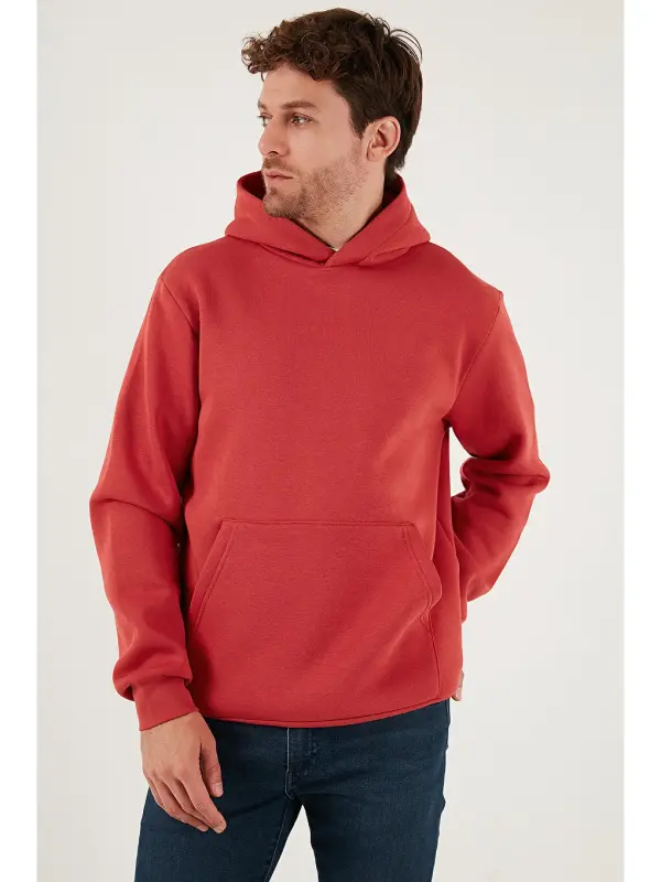 Kırmızı Slim Fit Kapüşonlu Kanguru Cepli İçi Tüylü Yumuşak Şardonlu Erkek Sweat 5905281-Kırmızı - 3
