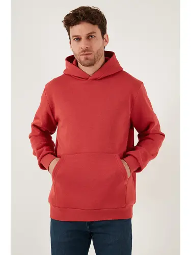 Kırmızı Slim Fit Kapüşonlu Kanguru Cepli İçi Tüylü Yumuşak Şardonlu Erkek Sweat 5905281-Kırmızı - 4